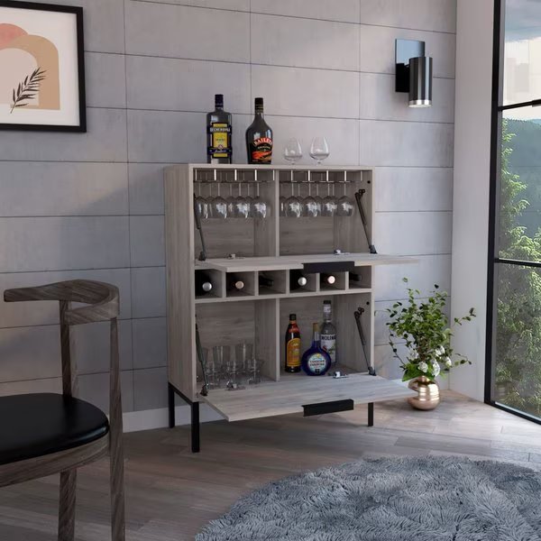 Lyrata Bar Cabinet, Six Built-in Wine Rack, Double Door, Light Gray, Tuhome, Mfr#: BLZ7118